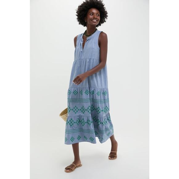 TUCKERNUCK BEACH Emerald Embroidered Chambray Salty Paloma Caftan Size L NWT - Picture 7 of 8